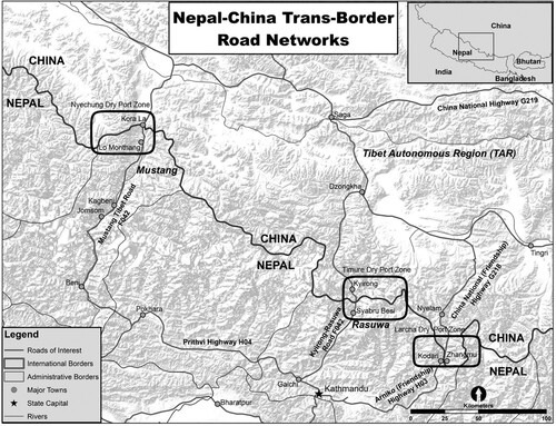Figure 1. Primary Nepal–China road networks and dry port facilities in Dolakha, Sindupalchowk, Rasuwa and Mustang districts.Source: Author and Mehran Gandehari, 2017.