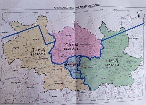 Figure 2. UN OCHA emergency relief map depicting international territorial assignments designated to China, India and the United States.Source: Author, 2015.