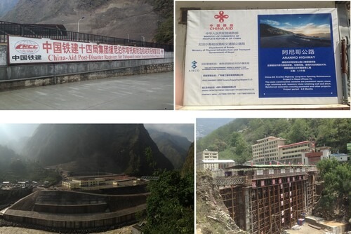 Figure 4. ChinaAid projects in Sindupalchowk and Dolakha districts, Nepal, including new Larcha dry port, repair to Friendship Bridge and ChinaAid signage.Source: Author, 2019.