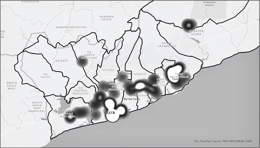 Heat map of Chinese wholesalers and retailers in Greater Accra