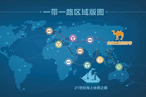 Figure 4. This Silk Road logomap privileges routes over borders and world regions beyond Asia. This map was for sale on the image website “Red Movement,” whose primary audience is stated to be government agencies. The Chinese labels read: “One Belt, One Road Regional Map,” “Silk Road Economic Belt,” and “21st century maritime road.” Credit: designed by Li Mao.