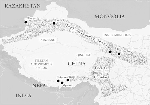 Map showing the Northwest Economic Corridor and the Tibet-Yi Economic Corridor over western China. Major cities including Lhasa, Urumqi and Xining are also highlighted.