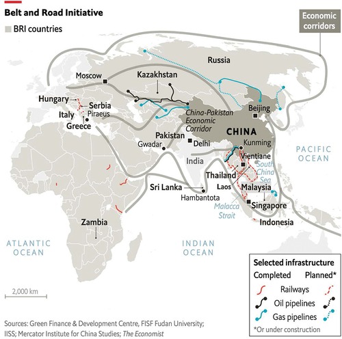 Figure 2. A recent Economist BRI map also emphasises corridors as being crucial to China’s emerging vision of regional and global economic connectivity.